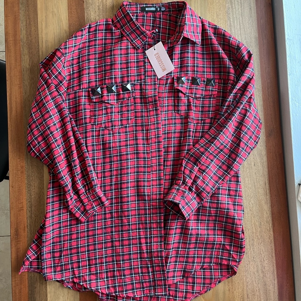 NWT red plaid tunic shirt studded punk flannel tunic missguided size 6 medium
